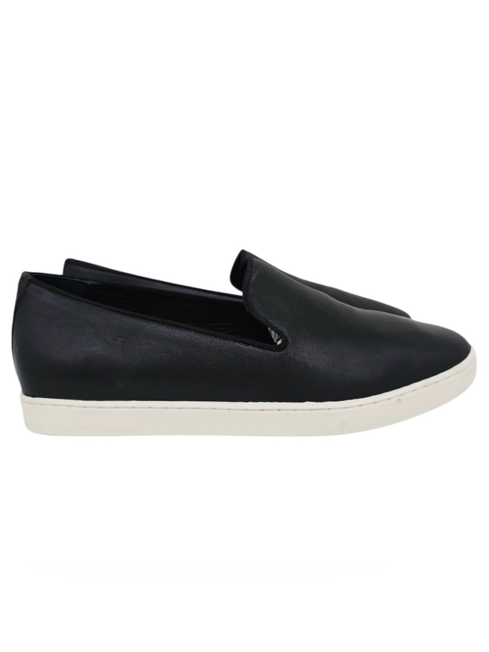 Birdies Black Leather Slip-On Flats with White Sole